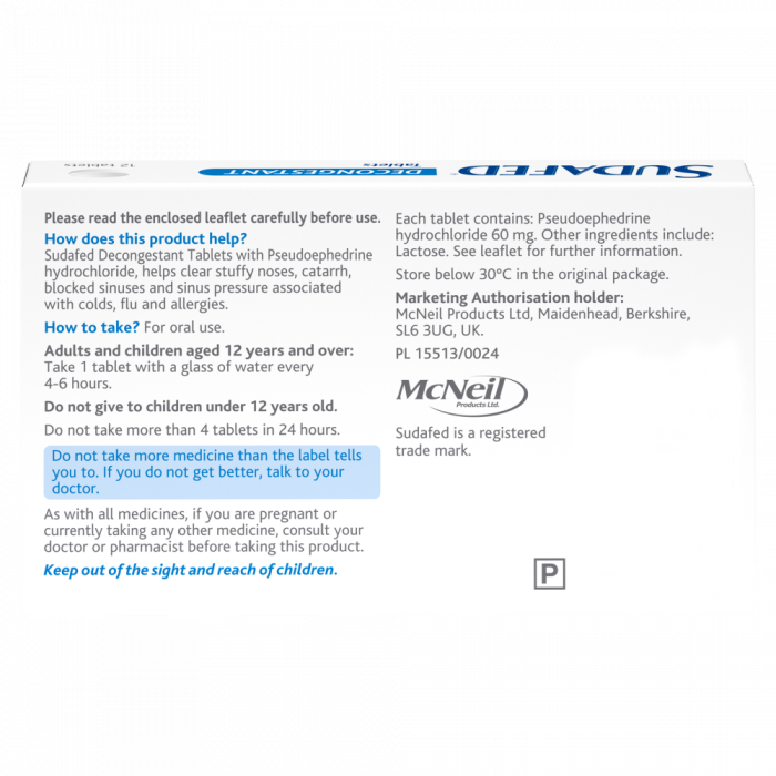 Sudafed Decongestant Non Drowsy – 12 Tablets