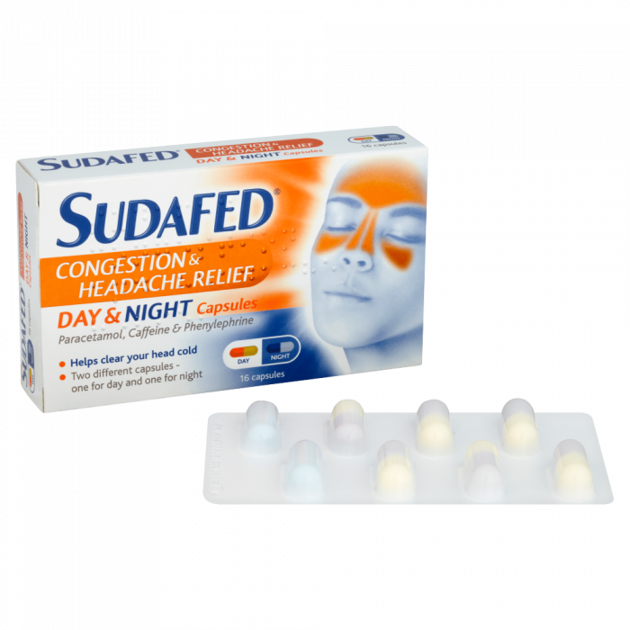 Sudafed Congestion & Headache Relief Day & Night – 16 Capsules