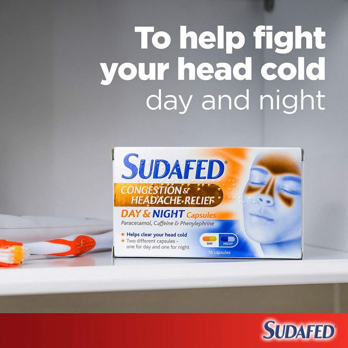 Sudafed Congestion & Headache Relief Day & Night – 16 Capsules