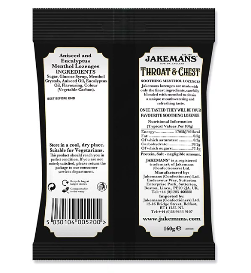 Jakemans Throat & Chest Soothing Menthol Lozenges - 160g