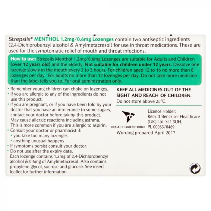 Strepsils Menthol 1.2mg/0.6mg - 36 Lozenges